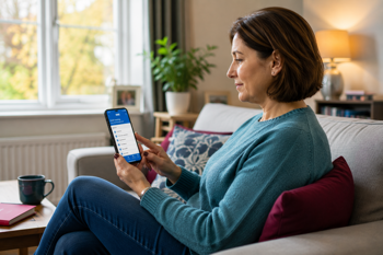 A woman using the NHS app at home.