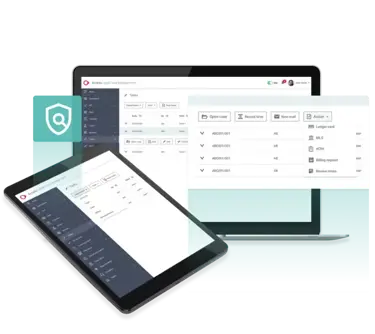 Access Legal Case Management software displayed on a laptop and tablet  showing case lists and workflow actions