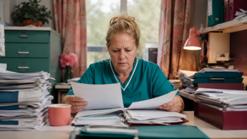 A care worker sitting at a desk in an office, surrounded by paper records and care plans.