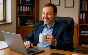 Man with coffee smiling at laptop