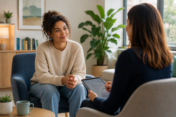 Young woman having councilling with mental health nurse