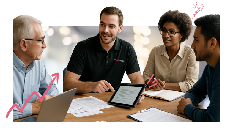 A group of diverse professionals (mix of genders, ages, and ethnicities) gathered around a modern conference table.