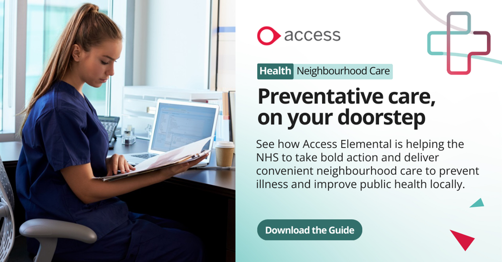 A call-to-action banner promoting a guide to the new Neighbourhood Care objectives within the NHS, and how Access software can assist.