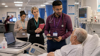 A consultant with administrative staff visiting a patient on a ward to discuss their medical records.