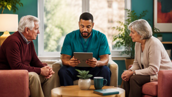 a male care worker sitting together with two residents. the care worker has a tablet in his hands where he keeps his care notes.