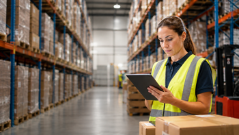 Warehouse worker in a high-visibility vest using a tablet beside stacked boxes in a large distribution warehouse.
