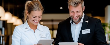 Two hotel staff members with tablets