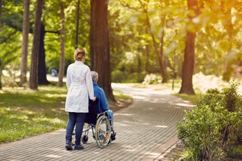 care worker and an elderly person in a wheelchair taking a stroll in a park during a sunny day