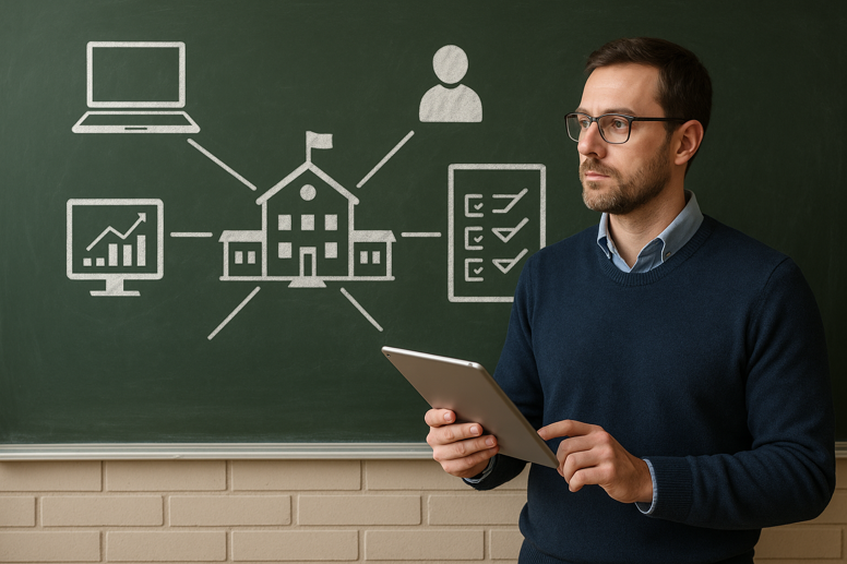 A bearded man in a navy sweater and glasses stands in front of a chalkboard holding a tablet. Behind him, chalk drawings illustrate a school building connected to icons representing data analytics, user management, a checklist, and a laptop, symbolizing integrated educational technology systems.