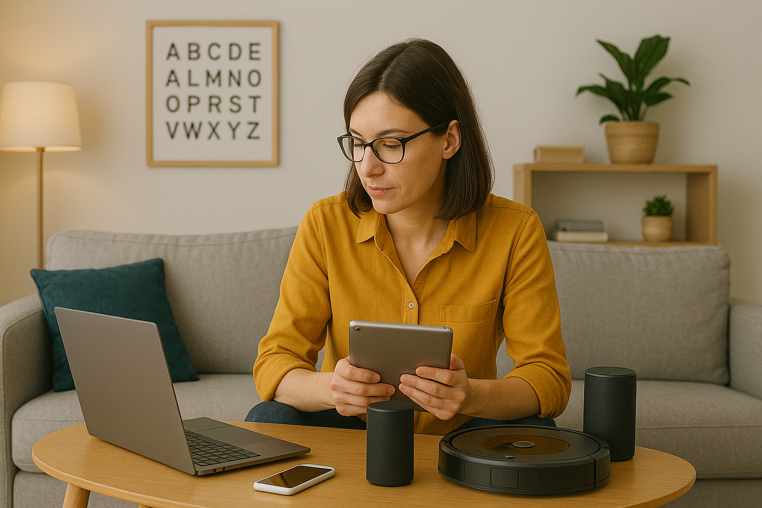 A female teacher in a mustard blouse sits on a sofa in a modern living room, focused on a tablet. She is surrounded by smart technology, including a laptop, smartphone, robotic vacuum, and smart speakers, illustrating the complexity of managing multiple digital tools.