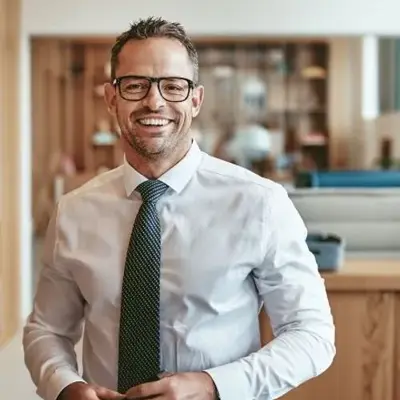Professional individual adjusting their tie in an office setting, representing a client reviewing Access Legal software