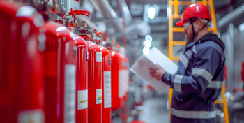 fireman inspecting fire extinguishers