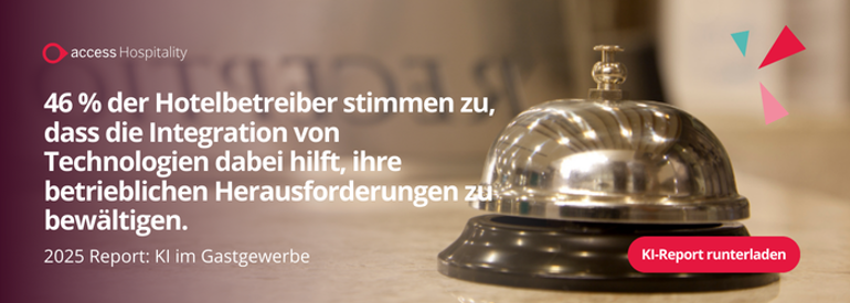 46 % der Hotelbetreiber stimmen zu, dass die Integration von Technologien dabei hilft, ihre betrieblichen Herausforderungen zu bewältigen. 2025 Report: KI im Gastgewerbe KI-Report runterladen