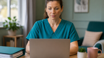 A care worker typing on a computer.
