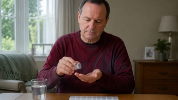 a midde-aged man preparing to take his medication