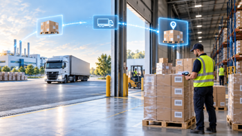 Warehouse worker scans pallet labels as an inbound delivery arrives, illustrating an advanced shipping notice sent before delivery.