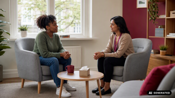 A client and independent mental health practitioner in session. Generated by AI for patient privacy.