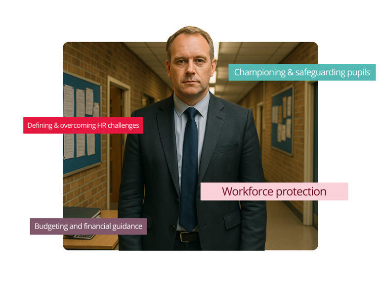 a British head teacher standing in a school corridor