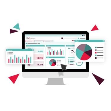 Computer screen showing colorful charts and graphs for revenue and performance metrics