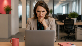 Employee reviewing a potentially suspicious Microsoft Teams message on a laptop in an office, representing a Teams phishing threat