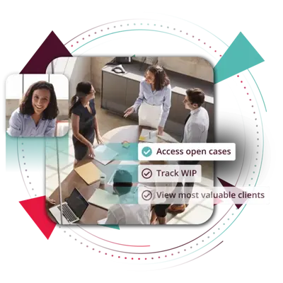 Business team collaborating in a meeting with legal compliance software tools displaying access open cases track WIP and view most valuable client