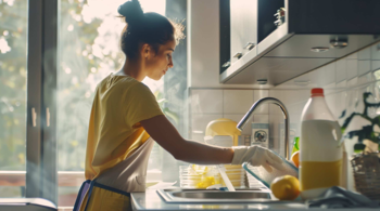 a young woman wearing a yellow shirt and an apron, washing the dishes