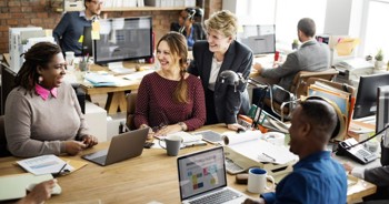 A group of people on laptops in the office. 