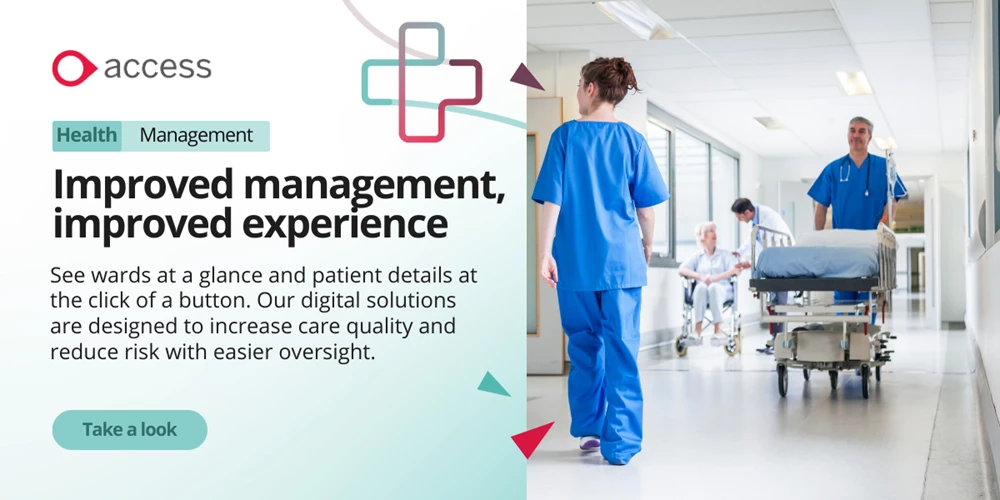An advert banner promoting Access' patient management software to improve care quality with better oversight and quicker communication.