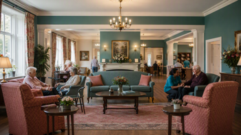 a care home's lounge, featuring armchairs and side tables, a chandelier, flower arrangements and paintings on the walls, and residents chatting
