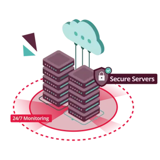Icon representing secure cloud hosting with monitored servers and protected infrastructure
