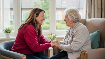 a woman visiting her mother in a care home, they are sitting together and holding hands