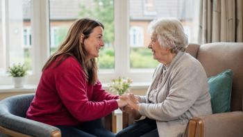 A daughter visiting her mother in a care home. They are sitting down together and having a conversation beside a window.