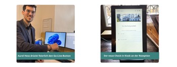 Aurel Hess drückt feierlich den Go-Live-Button und Dieser Kiosk wird künftig die Rezeption unterstützen