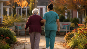 care worker taking a stroll with an elderly resident around the garden of a care home
